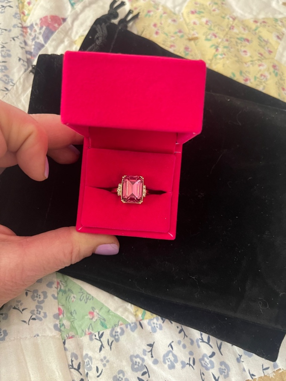 Pink Emerald-Cut Crystal Ring in Gold Setting